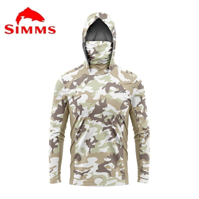 SIMMS Camouflage Fishing Clothing Men's Luya Sunscreen Clothing Ice Silk Long Sleeve Hoodie with Mask Quick-drying Breathable Thin