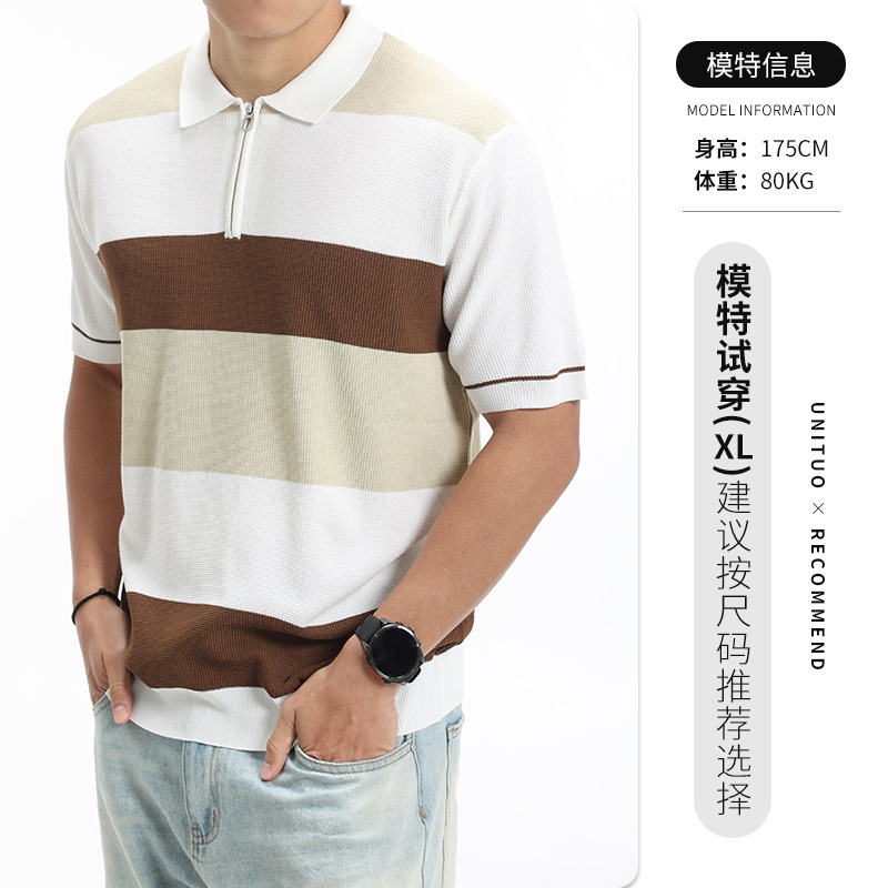 Polo de hielo de punto de hombre lujo ligero de alto nivel medio cremallera collar rayas Waffle Paul blusa
