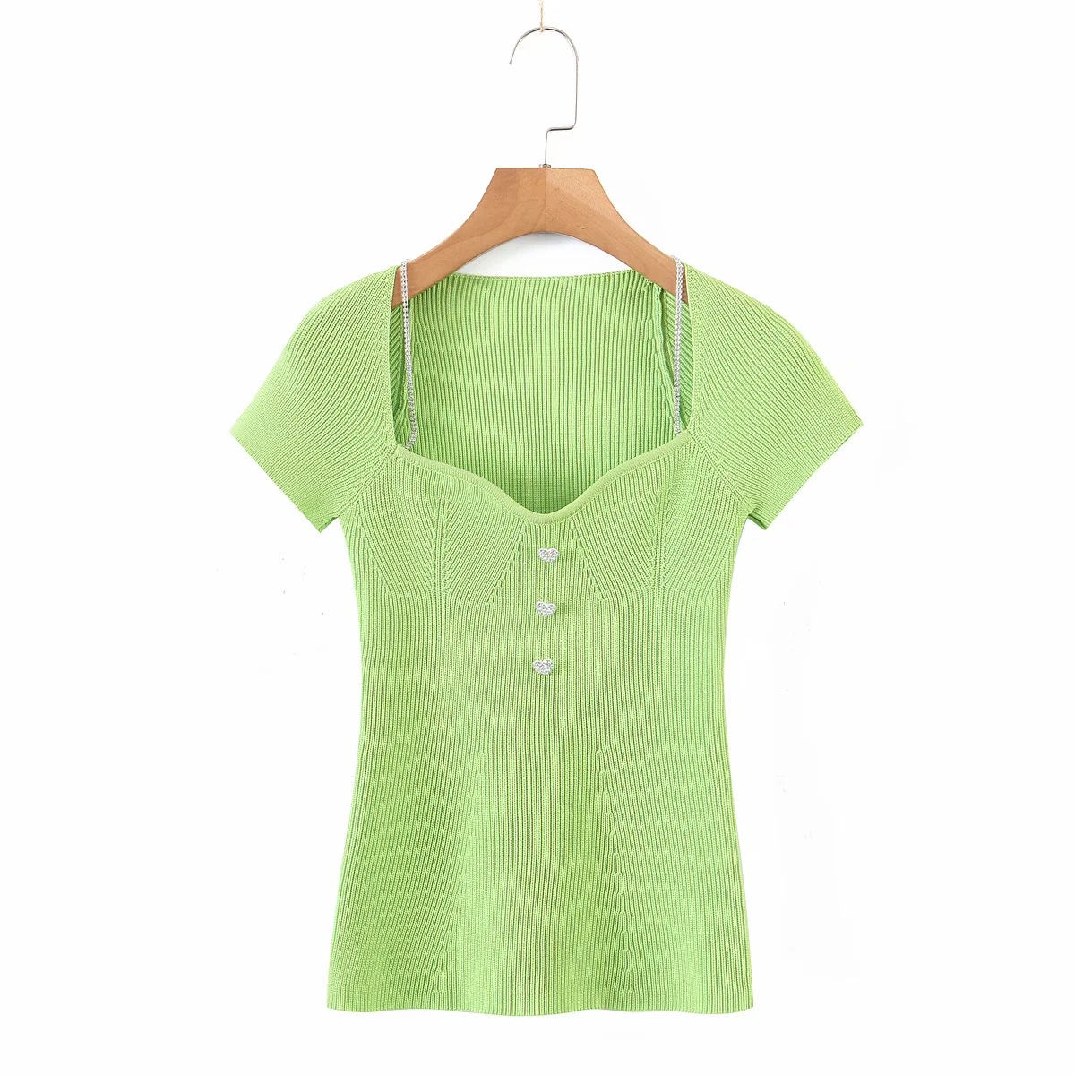 Heart button decor V-neck short sleeve sweater NSHS48519