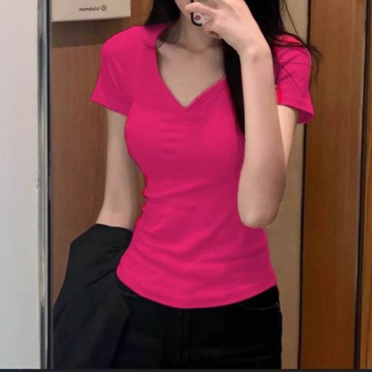 Rose Red Shoulder Short-sleeved Women's T-shirt Summer V-neck Top Slim-fit Slimming Waist Summer 2025 New Women's Half-sleeved