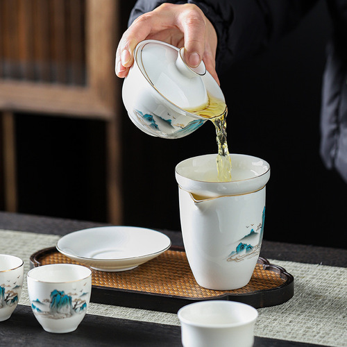 Suet-fat jade white porcelain tea set complete set business gift printing home office reception high-end tea set