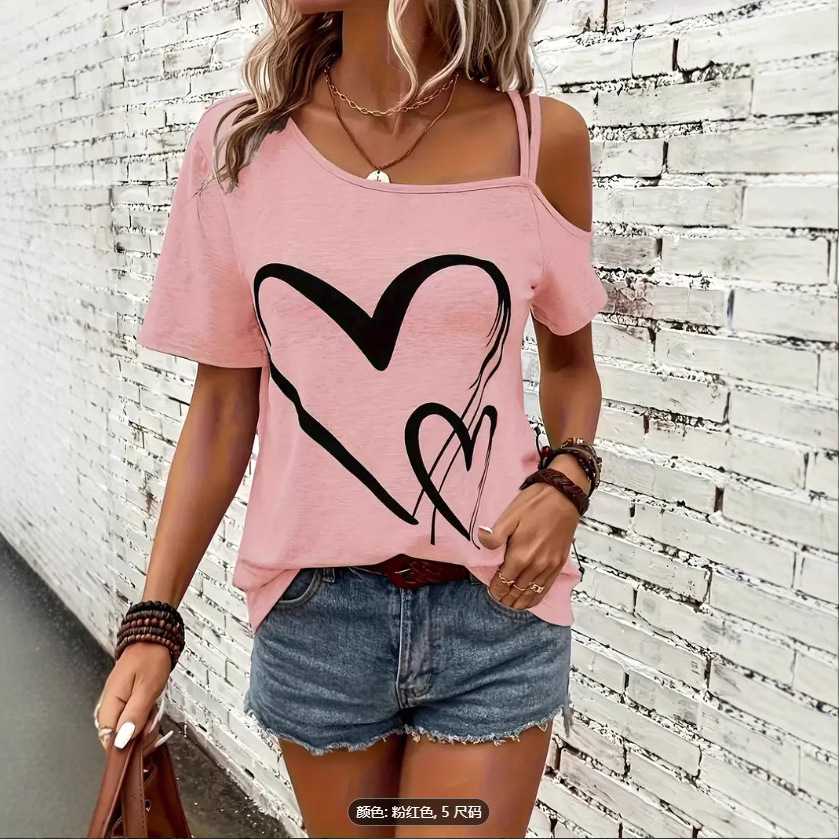 TEMU Cross-border Hot Selling plus size 3D Printing Women's Casual Asymmetrical Collar Love Printing Sling Elastic Short Sleeve
