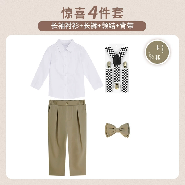 Set, long-sleeve, shirt, trousers, suspenders, bow tie