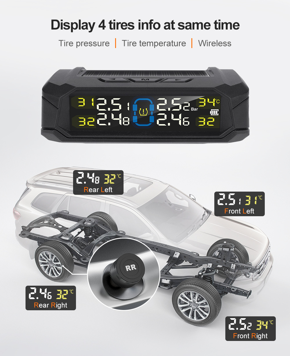 New tire pressure monitor solar wireless tire pressure monitoring foreign trade for built-in external tire pressure detection TPMS