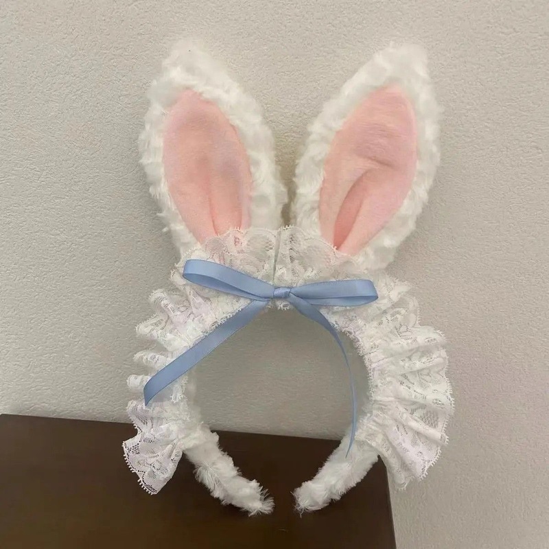 かわいいリボンウサギの耳ぬいぐるみヘッドバンドレース洗顔ヘッドバンド子供用ヘアピン 2025 新しい帽子|undefined