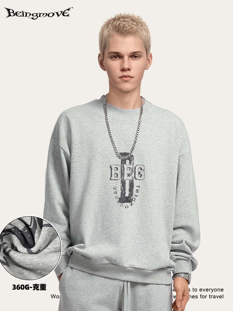 Otoño / invierno de 2025 estilo americano de marca de tendencia pesada vintage camiseta de cuello redondo grande hombre gordo deportivo sin sombrero hombre