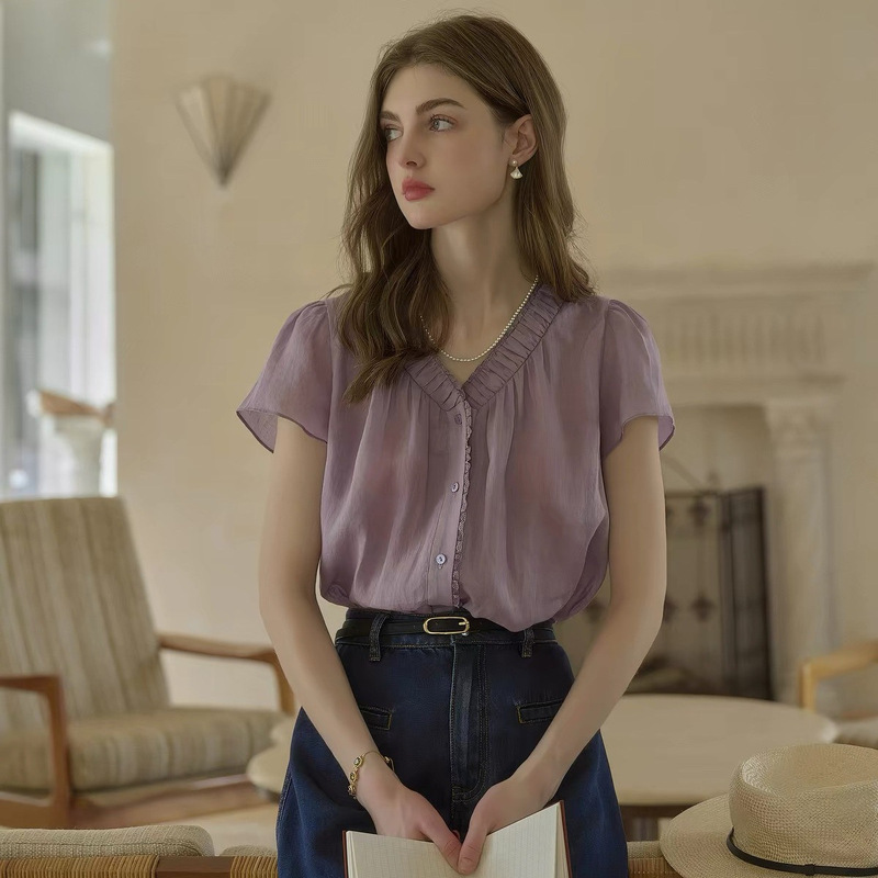 Simplretro Taro Ramie V-Neck Custom-Dyed Purple Lazy French-Style Shirt Retro Short-Sleeved Sun Protection Shirt
