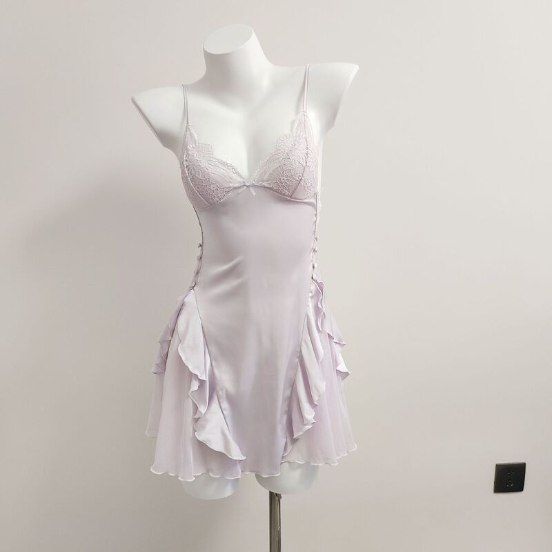 French Sexy Small Breasts Slimming Look Pajamas with Breast Pads for Women Autum New Ice Silk Splicing Mesh Pure Desire Suspender Nightgown