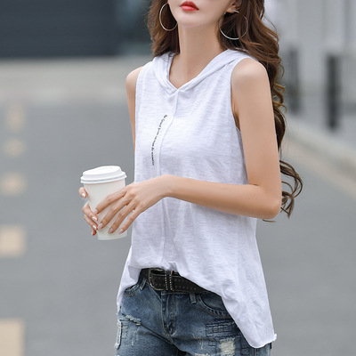 슬럽 코튼 후드 조끼 여성 여름 아우터웨어 느슨한 한국식 내베이스 셔츠 플러스 사이즈 슬링 민소매 티셔츠 Ins 트렌디