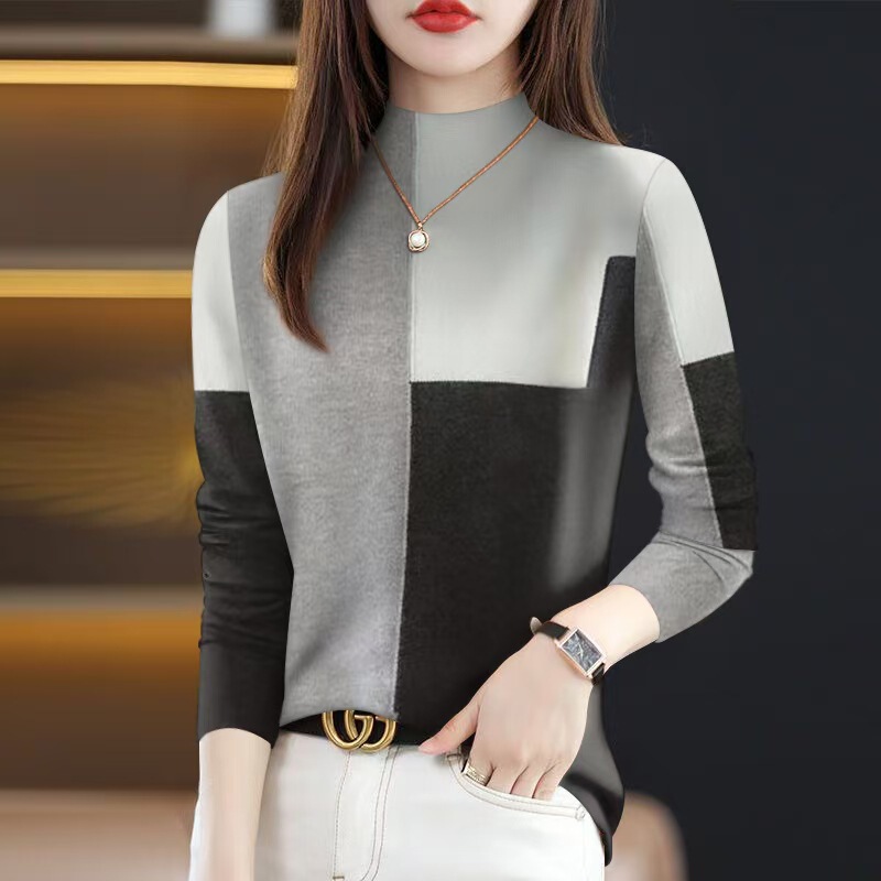批发2025新款春秋爆款女士t恤遮肚薄款半高领时尚长袖一件代发|undefined