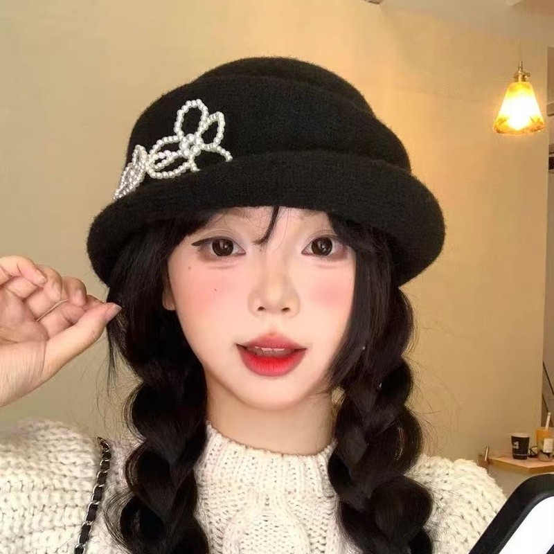 珍珠花朵千金帽子女春秋季法式复古优雅礼帽显脸小黑色针织马术帽|undefined