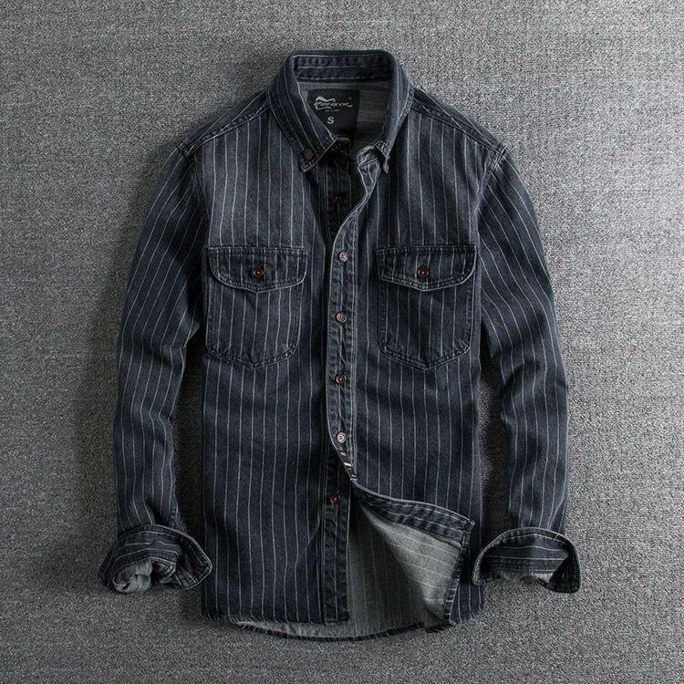 Denim Shirt Retro Heavy Old Thick High-grade Slim-fit Casual Striped Long-sleeved Jacket Men's Fashionable Spring and Autumn Handsome