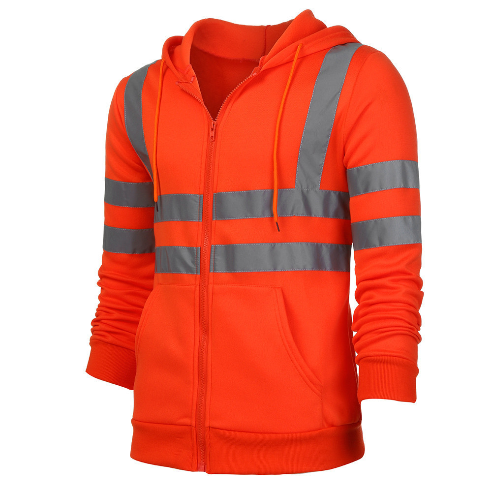 Men's Clothing reflective strip plus velvet sweatshirt outdoor sanitation work clothes zipper hooded color matching sweatshirt jacket_voghion.com