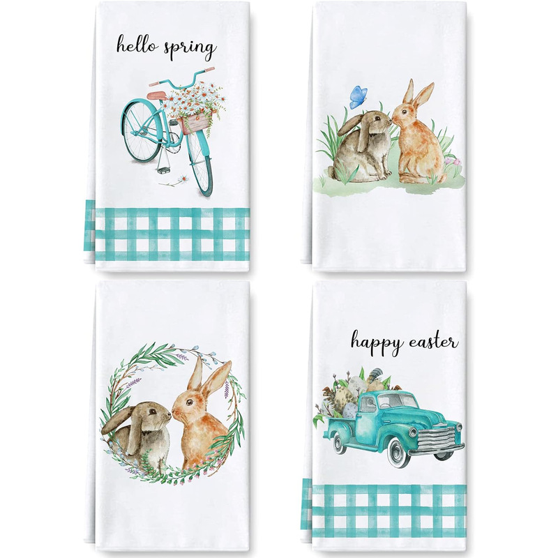 Kitchen towel watercolor Easter Rabbit truck bicycle dish towel blue white plaid spring hand dry tea towel