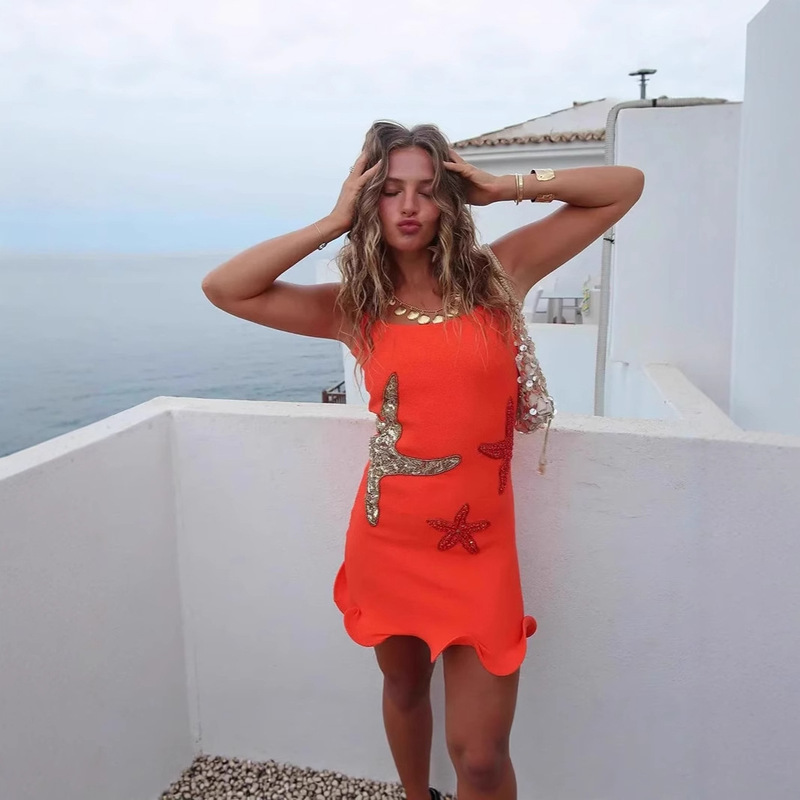 2025 Cross-Border Amazon European and American Splicing Sequin Star Vacation Beach Fashion Mini Sexy Short Dress
