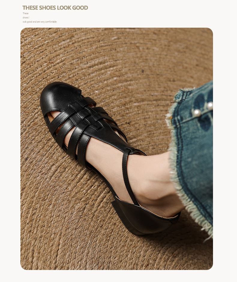 Sandal nữ mũi nhọn da bò quai chữ T gót thấp phong cách La Mã — nâu chi tiết 13