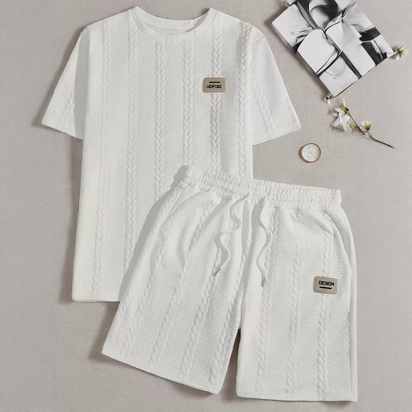 Heren jacquard t-shirt en short set lichtgewicht sportkleding zomer_voghion.com