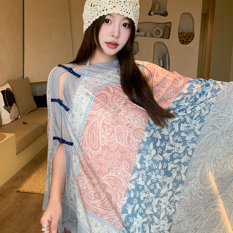 女性用夏の日焼け止め薄いショール、カラフルなストライプのボタン付きエスニックスタイルの旅行着用シルクスカーフ、海辺のビーチガーゼスカーフ|undefined