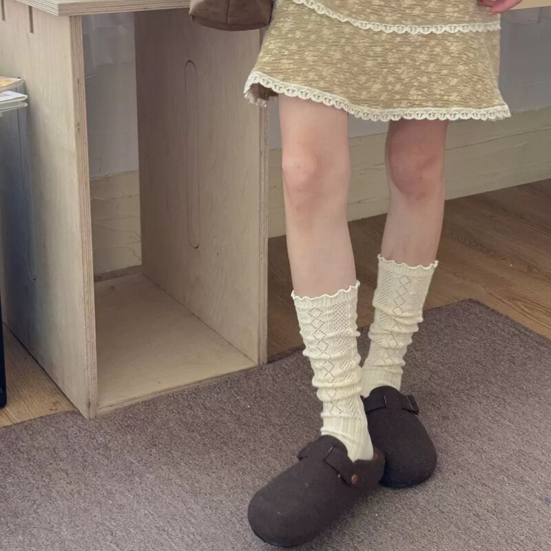 Miu Beige Slouch Socks for Women, Spring and Autumn Cotton Socks, Ballet Style, White Ruffled Calf Socks, Mid-Calf Length, Suitable for Birkenstock Shoes