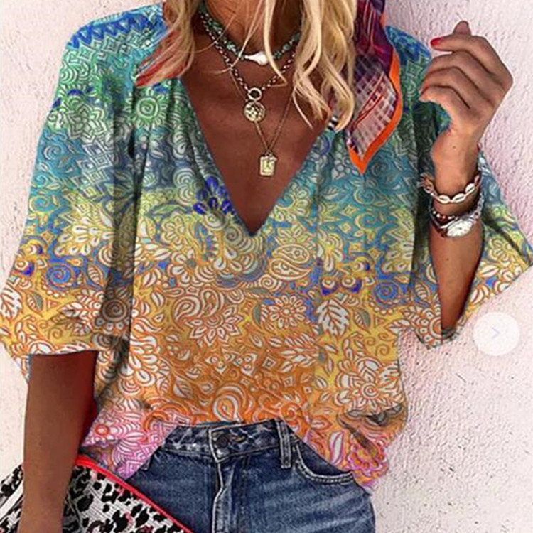 2021 Amazon Wish AliExpress V-Circuit Multicolor Printing Casual Women's Shirt 9 Sleeve Tops