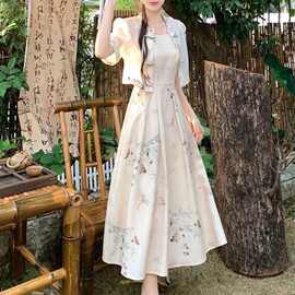 新品套装夏季新款2026亲肤复古印花盘扣吊带裙碎花连衣裙两件套