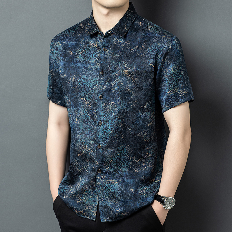 Áo sơ mi nam ngắn tay lụa Tang Silk phong cách Trung Hoa họa tiết vân sa — Xanh da trời26651