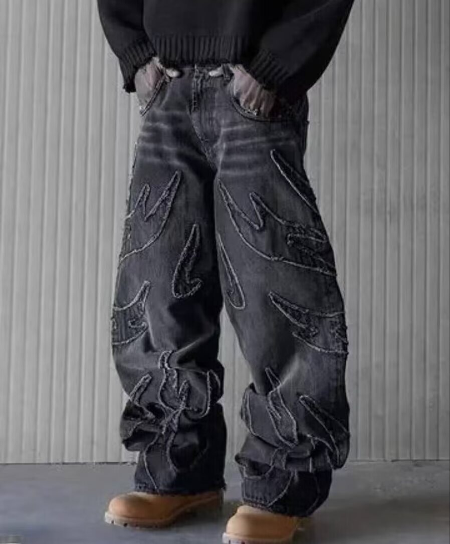 Vintage Embroidered Straight Leg Jeans For Men & Women – Relaxed Fit, Streetwear Fashion, Cotton Denim Pants (Black, Blue-Yellow)​_mkmklike.com