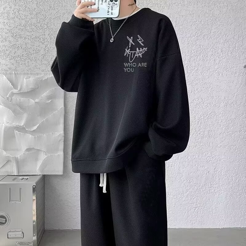 Two-piece set of vests and trousers Hong Kong-style waffle autumn youth sports suit men's and women's clothing with a set of all-match