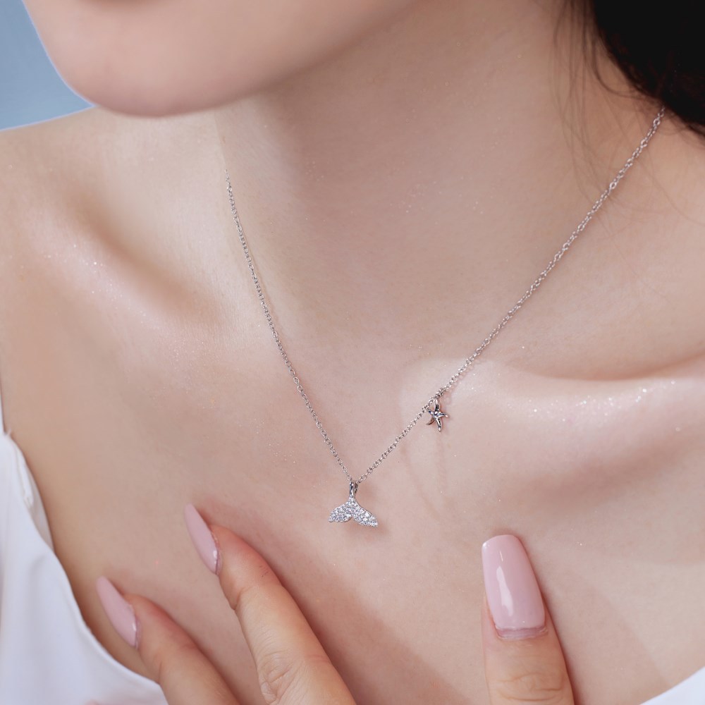 Holiday, Daily Occasion 925 Sterling Silver Zircon Plating Geometric Starfish Fish Tail Pendant Necklace