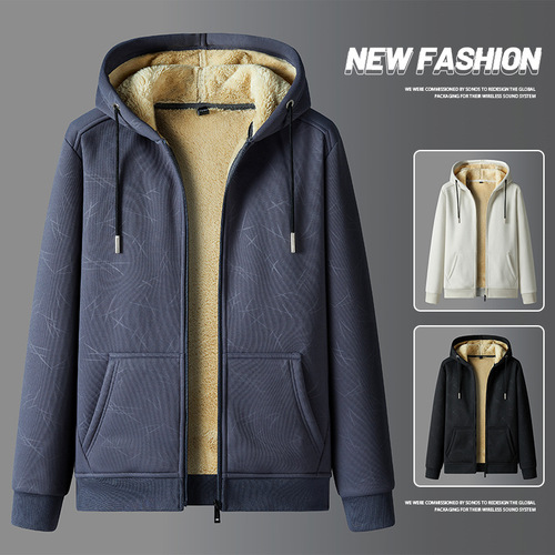 Lambskin Fleece Men's Hooded Sweatshirt Autumn/Winter Thicken Padded Cozy Sport Coat Casual Open sweater Warm Outwear