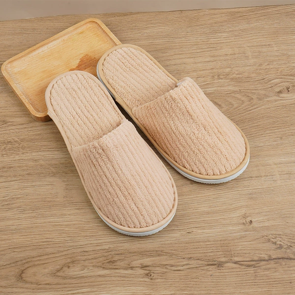 Yellow striped coral velvet slippers