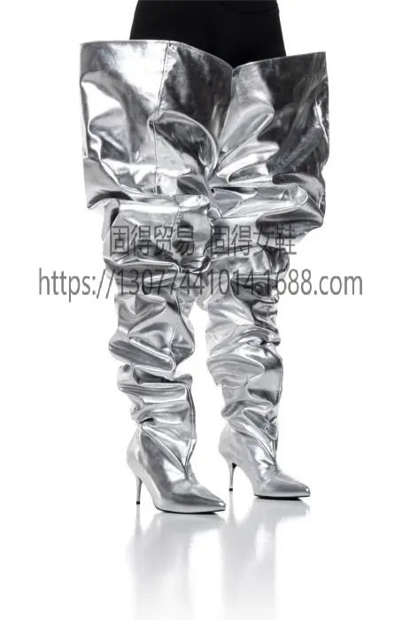 Cross-border independent station ins fashion catwalk stiletto heel silver over-the-knee Boots women's shoes loose version Boots