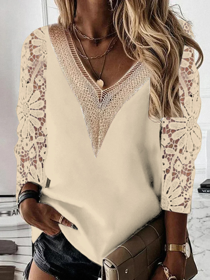 Women's Nine Points Sleeve Blouses Patchwork Hollow Out Elegant Solid Color display picture 3