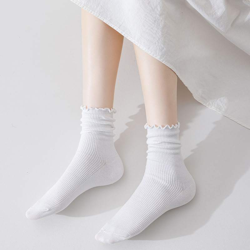 Damen Crew Socken Mit Wellensaum Für Herbst Und Winter Einfarbig_voghion.com