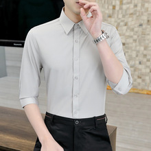 男士中袖衬衫夏季短袖潮流帅气休闲男装韩版修身七分袖条纹衬衣