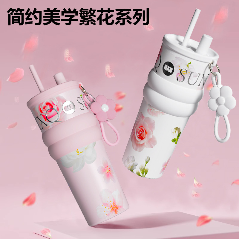 保温カップ男女の高颜値新型大容量陶磁器内胆車載ストローコップ夏携帯コップ|undefined
