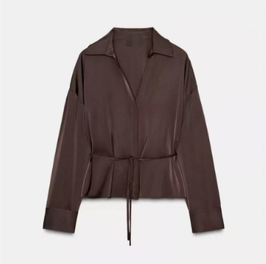 Taop&Za High-Quality New Spring and Summer Women's Clothing, Elegant V-Neck Shirt with Belt and Silk Satin Texture 2094625 Taop&Za High-Quality New Spring and Summer Women's Clothing, Elegant V-Neck Shirt with Belt and Silk Satin Texture 2094625