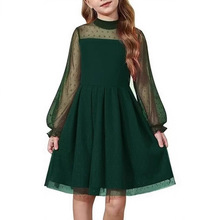 女童连衣裙撞色网眼泡泡长袖企领正式派对 A 字型短款薄纱连衣裙