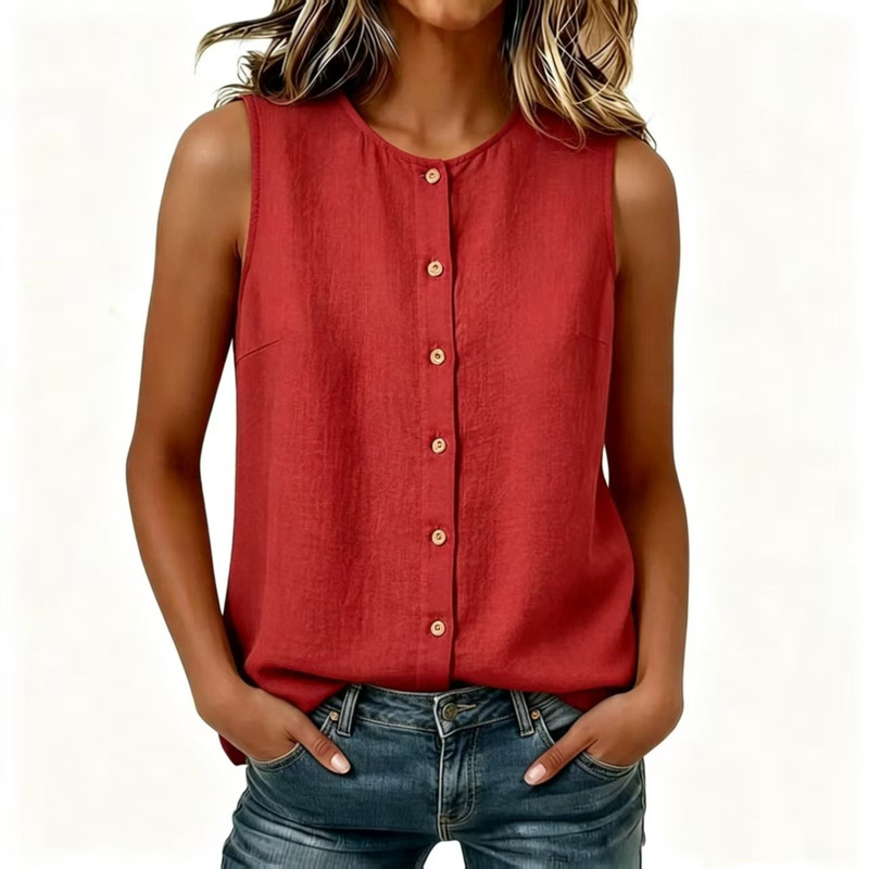 2026 European and American New Style Women's Bohemian Style Sleeveless Button-Down Shirt with Side Single-Row Buttons Loose Vest Top