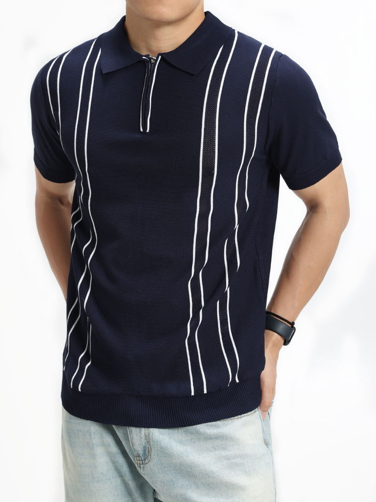 Transfronterizo de hombre hielo hombre polo camiseta de manga corta media cremallera estriada de negocios de alto nivel camiseta de verano hombre