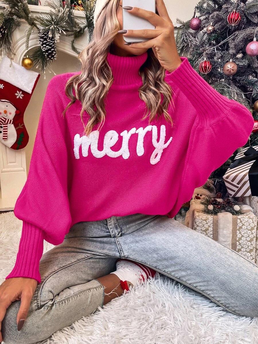 350g Weight Long Sleeve Sleeve Length Pullovers Placket Type Batwing Sleeve Sleeve Type Polyester, Polyacrylonitrile Fiber Fabric Type Long Top Length Sweater Tops Type Daily Occasion Turtleneck Neckline Loose Fit Type Christmas Festival Letter Pattern Winter, Autumn Season Women's Gender Embroidery Design Streetwear Style Wholesale Women's Streetwear Letter Long Sleeve Embroidery Sweaters & Cardigans 9