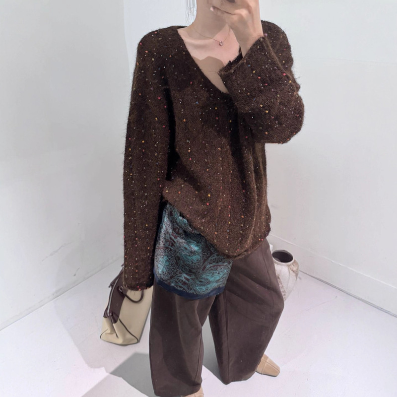 高级G混色彩纱洋气显瘦V领毛衣女秋冬季新款复古美拉德针织衫上衣|undefined