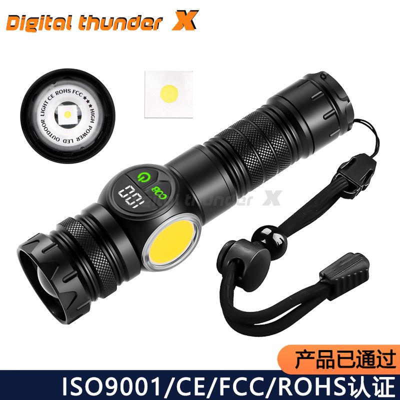 Nuevo láser blanco transfronterizo + linterna COB carga al aire libre zoom con lámpara lateral magnetismo trabajo linterna de luz intensa