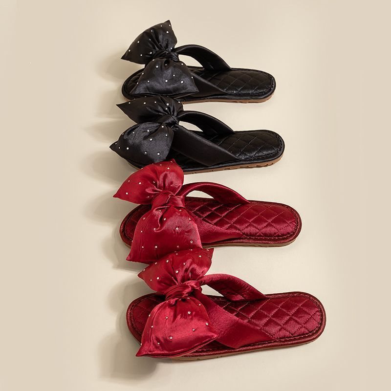 Sweet and Stylish Bowknot Rhinestone Elegant Solid Color Satin Slip-On Slippers for Wedding Hotel Souvenirs and Bridesmaid Gifts