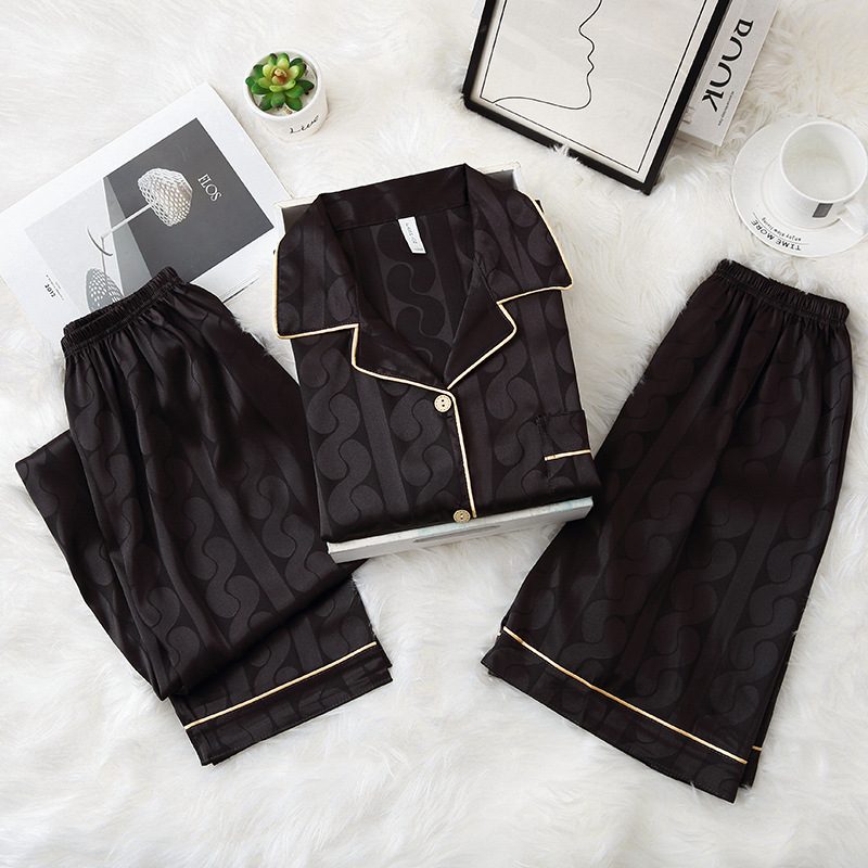 Pijamas de verano de alta calidad Traje de tres piezas de seda de hielo para hombres Estudiante de manga corta para jóvenes Ropa de abrigo de seda real