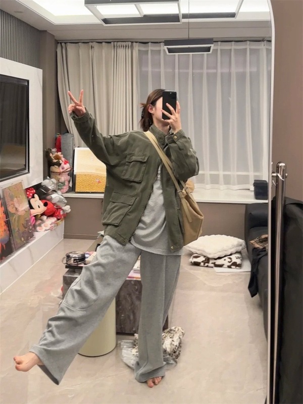 现货 韩国东大门复古军绿色工装风外套多口袋立领宽松休闲夹克女|undefined