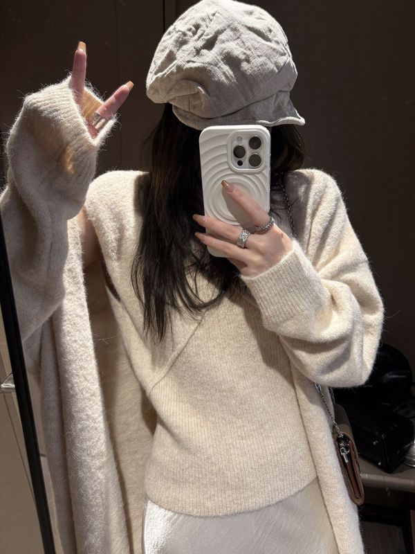 2025新款早秋小个子蕾丝背心开衫两件套女慵懒风V领针织套装上衣|undefined