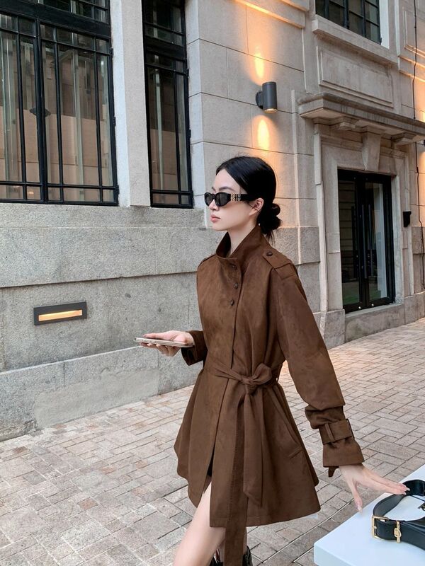 复古美拉德立领麂皮中长款风衣女2025秋新款修身显瘦气质时尚外套|undefined