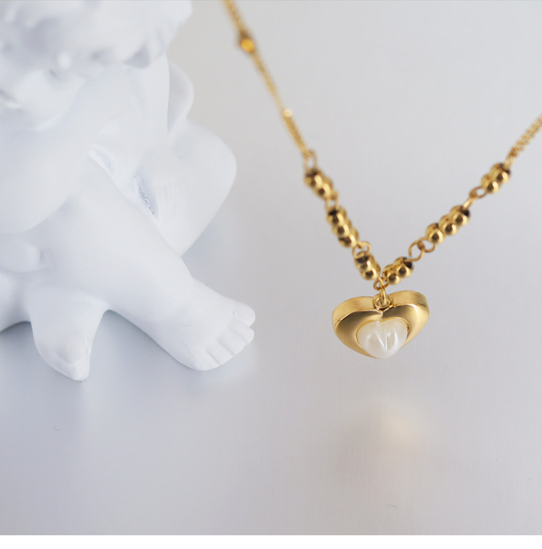 Fashion Heart Shape Titanium Steel Inlay Pearl Pendant Necklace 1 Piece