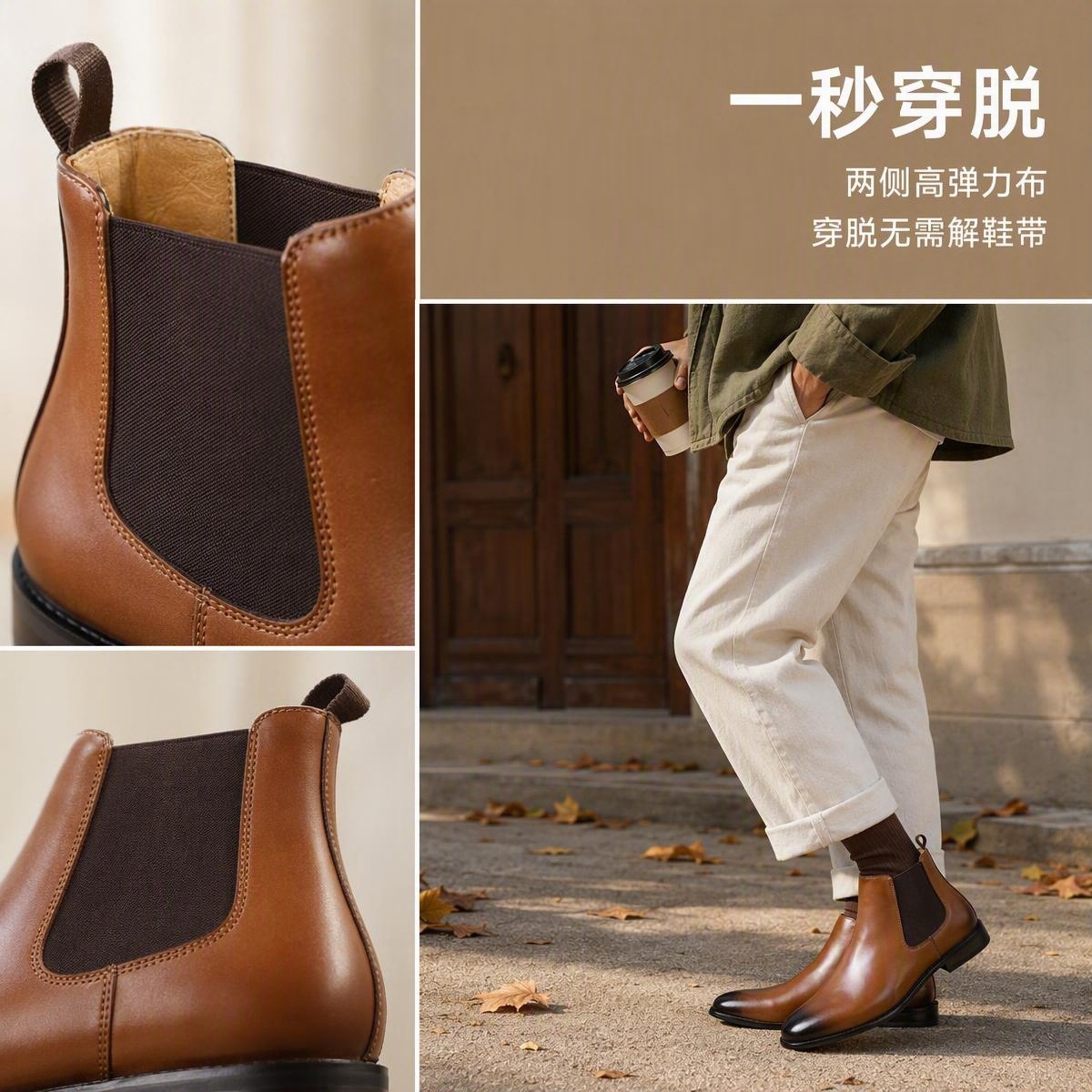 Botas Chelsea de estilo británico para hombre, de cuero genuino, punta redonda, tacón grueso, media pantorrilla, estilo casual de negocios, estilo europeo y americano, botas de talla grande para hombre.